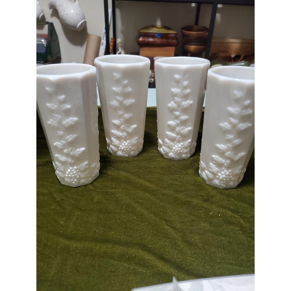 Set‎ of 4 Milk Glass Tumblers with Grapevine Pattern Vintage Drinking Glasses